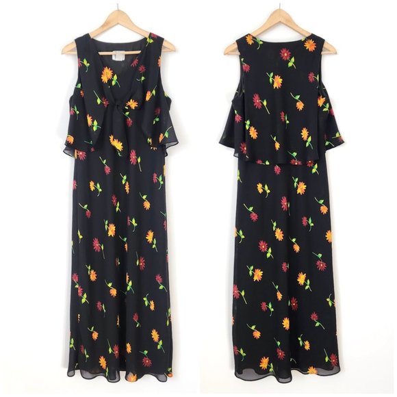 Vintage 70s Black Floral Maxi Dress Vest Overlay Flowy Sleeveless Size 14 Petite - Picture 1 of 16